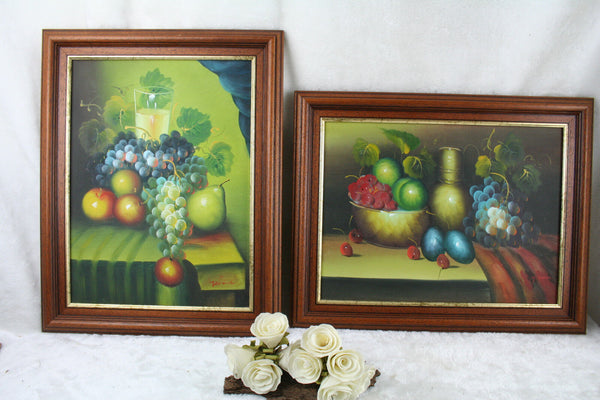 PAIR vintage 80's Flemish Oil canvas still live fruit painting signed