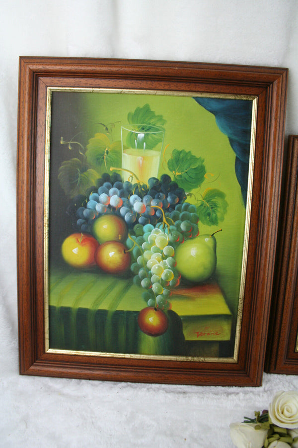 PAIR vintage 80's Flemish Oil canvas still live fruit painting signed