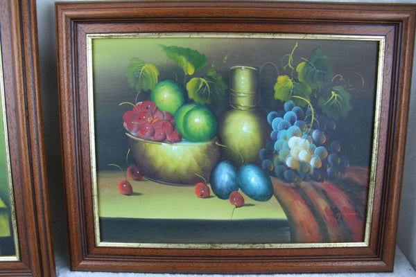 PAIR vintage 80's Flemish Oil canvas still live fruit painting signed