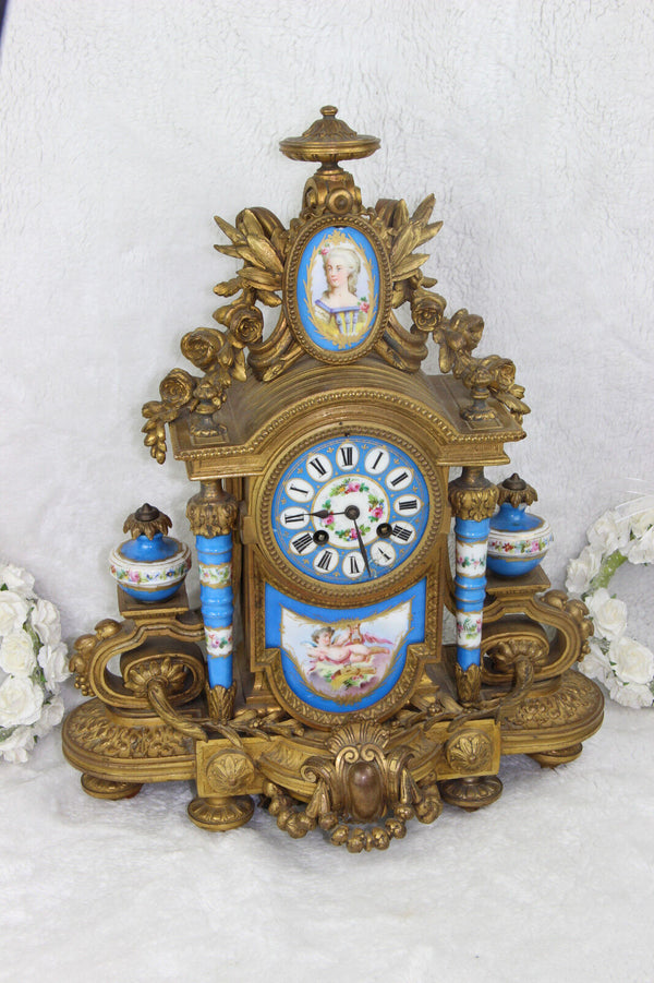 Antique XL 19thc Napoleon III sevres porcelain plaques putti marquise Clock rare