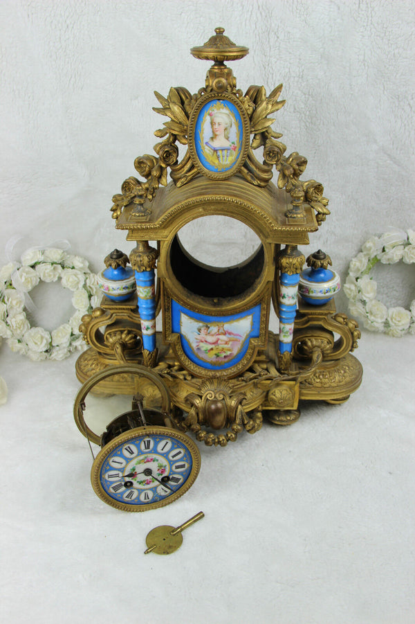 Antique XL 19thc Napoleon III sevres porcelain plaques putti marquise Clock rare