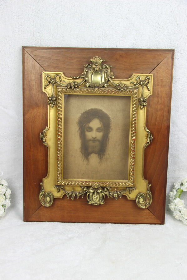 Rare Religious wall wood plaque panel christ portrait