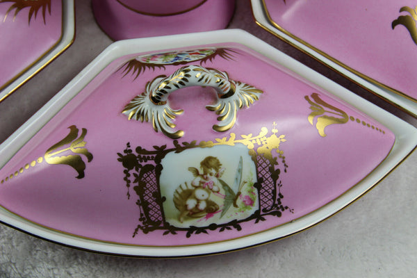 Rare French Porcelain Centerpiece Vase Tray Set putti floral pink limoges marked