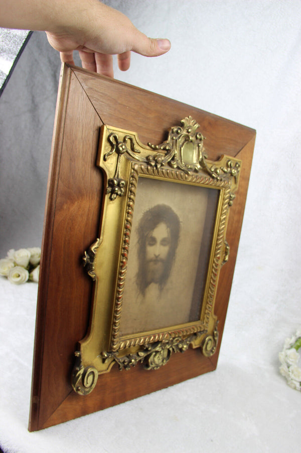 Rare Religious wall wood plaque panel christ portrait