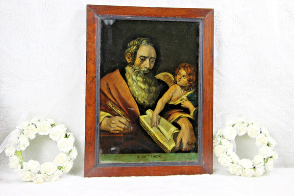 Antique 1880 religious Eglomise reversed mirror painting evangelist Matthew