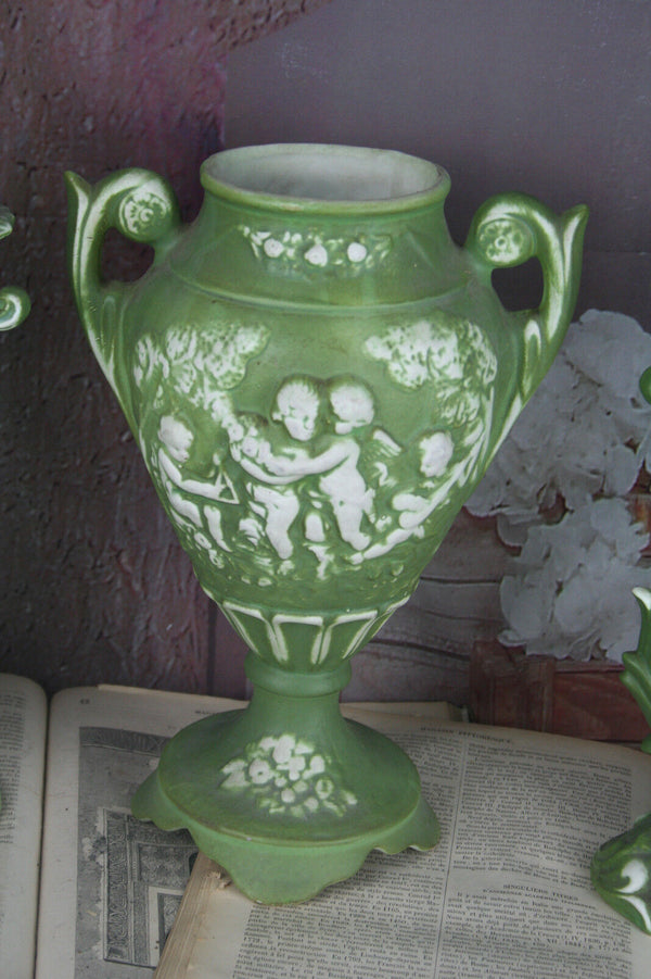 Set of 3 French Porcelain bisque Green PAIR Candle holder & vase putti cherub