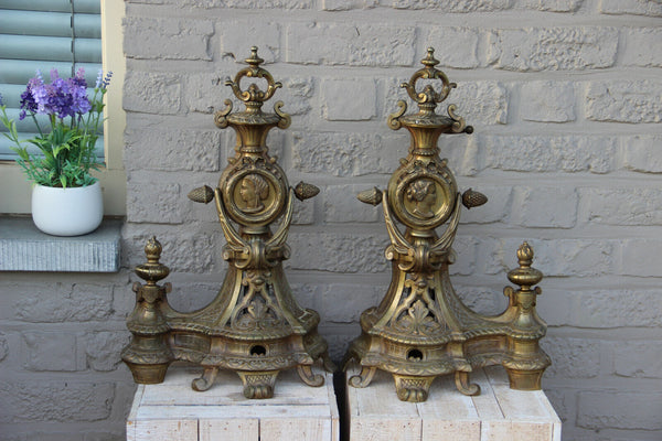 Antique PAIR huge bronze fireplace andirons portrait medaillon heads louis XVI