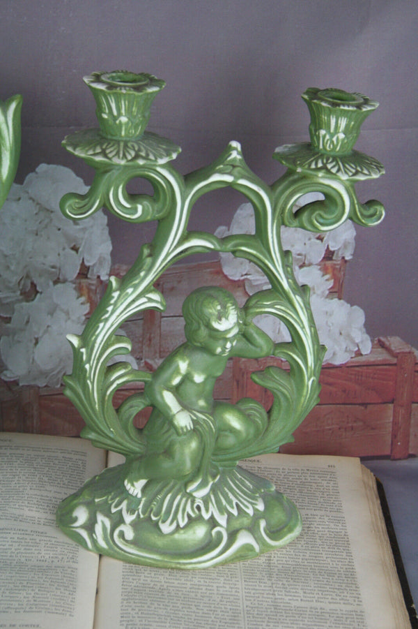 Set of 3 French Porcelain bisque Green PAIR Candle holder & vase putti cherub