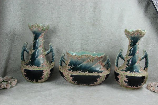 Antique french ART nouveau barbotine majolica planter vase set