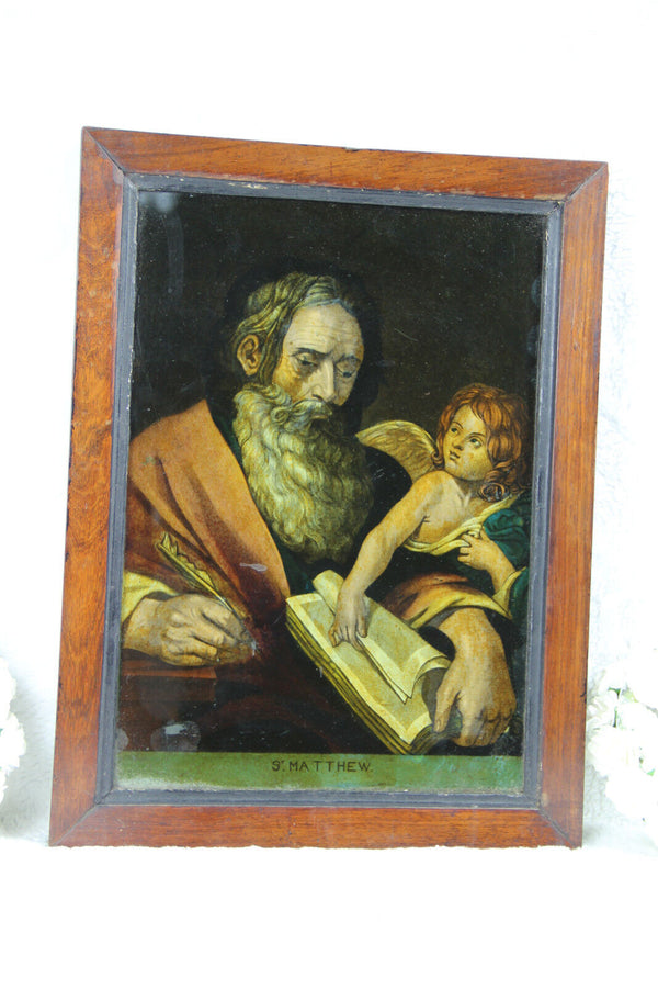 Antique 1880 religious Eglomise reversed mirror painting evangelist Matthew