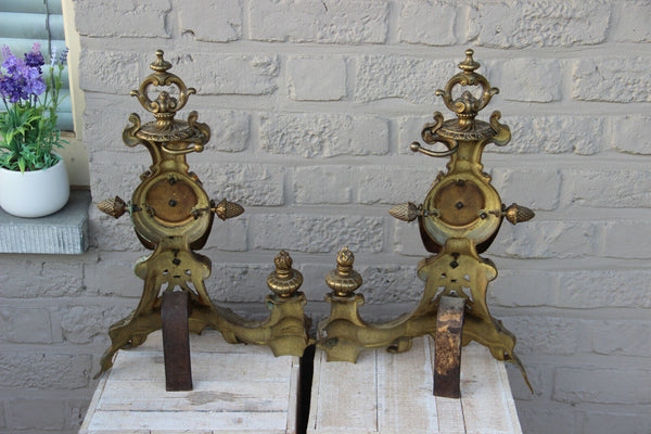 Antique PAIR huge bronze fireplace andirons portrait medaillon heads louis XVI