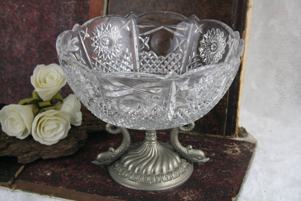 French 60's Crystal cutted glass Empire center coupe bowl with dolphins