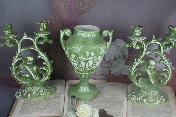 Set of 3 French Porcelain bisque Green PAIR Candle holder & vase putti cherub