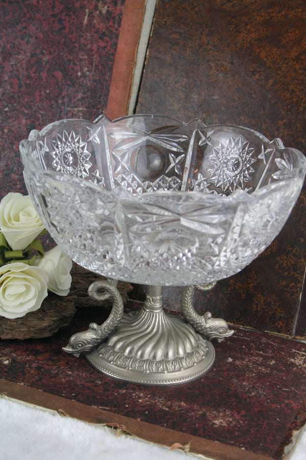 French 60's Crystal cutted glass Empire center coupe bowl with dolphins