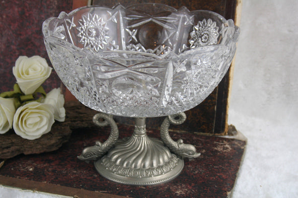 French 60's Crystal cutted glass Empire center coupe bowl with dolphins