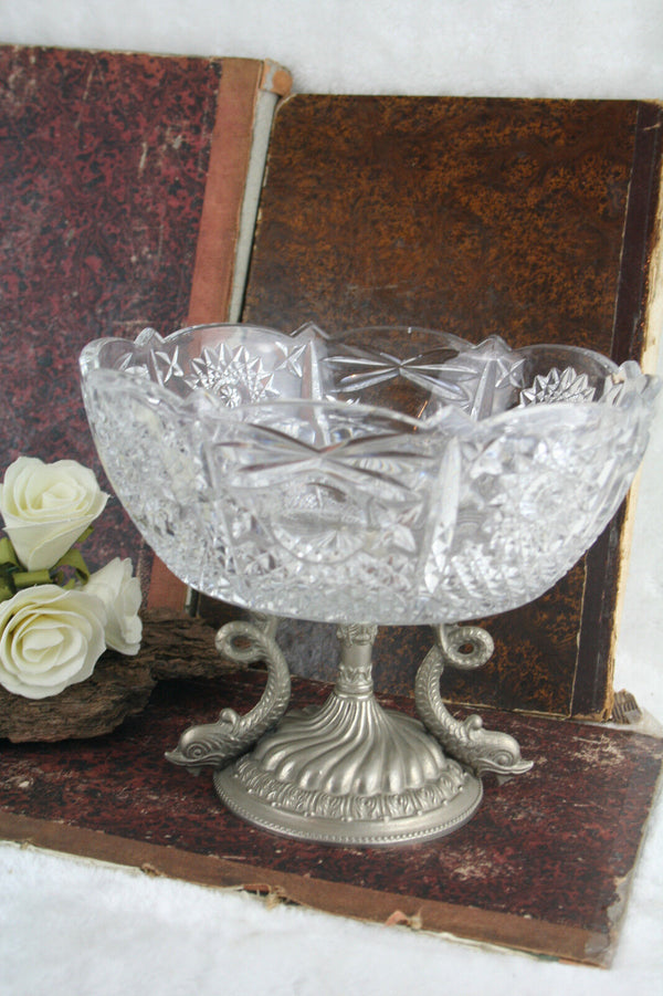 French 60's Crystal cutted glass Empire center coupe bowl with dolphins