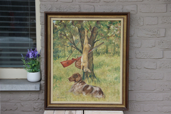 Gorgeous German school oil panel hunting dog trophy rabbit signed