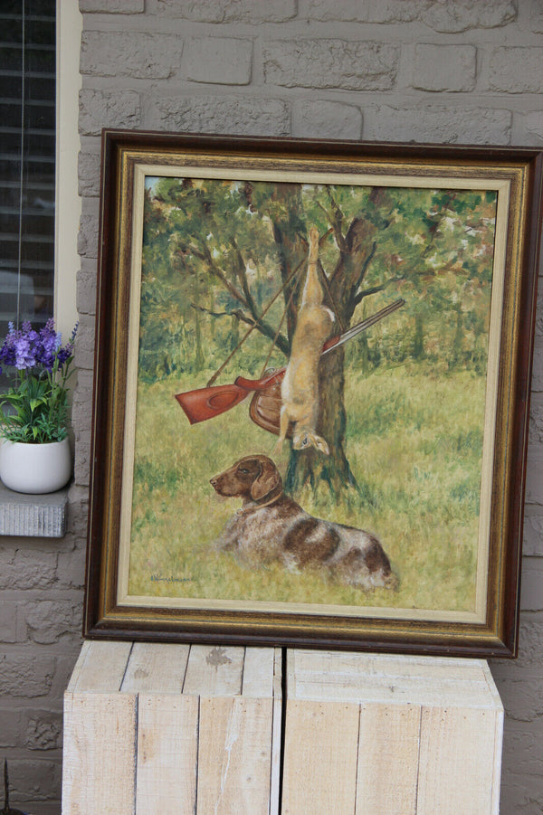 Gorgeous German school oil panel hunting dog trophy rabbit signed