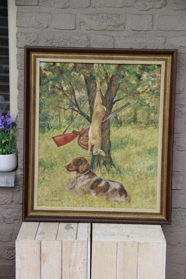 Gorgeous German school oil panel hunting dog trophy rabbit signed