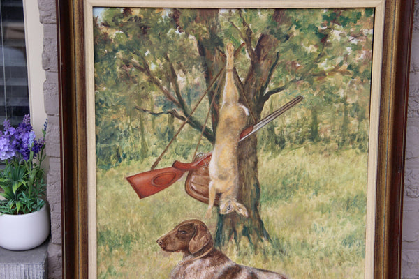 Gorgeous German school oil panel hunting dog trophy rabbit signed