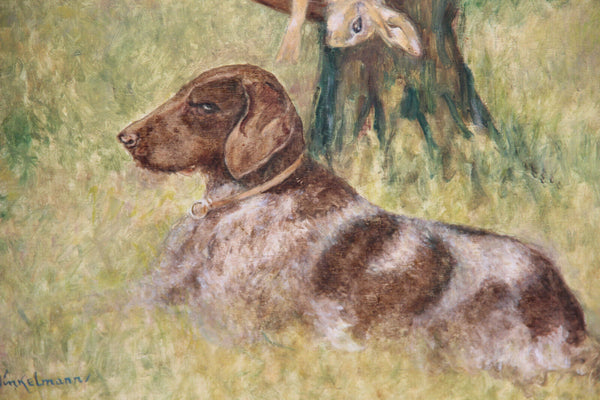 Gorgeous German school oil panel hunting dog trophy rabbit signed