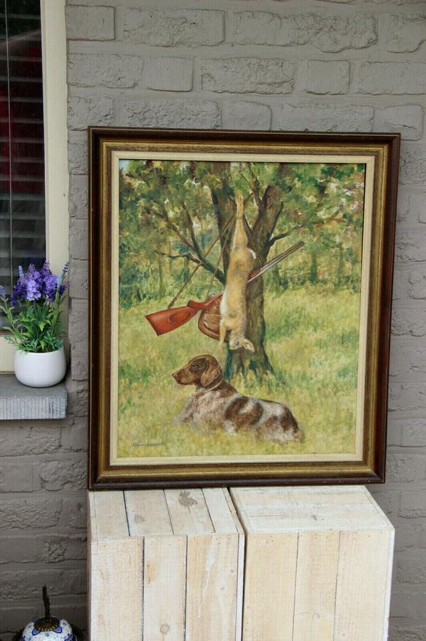 Gorgeous German school oil panel hunting dog trophy rabbit signed