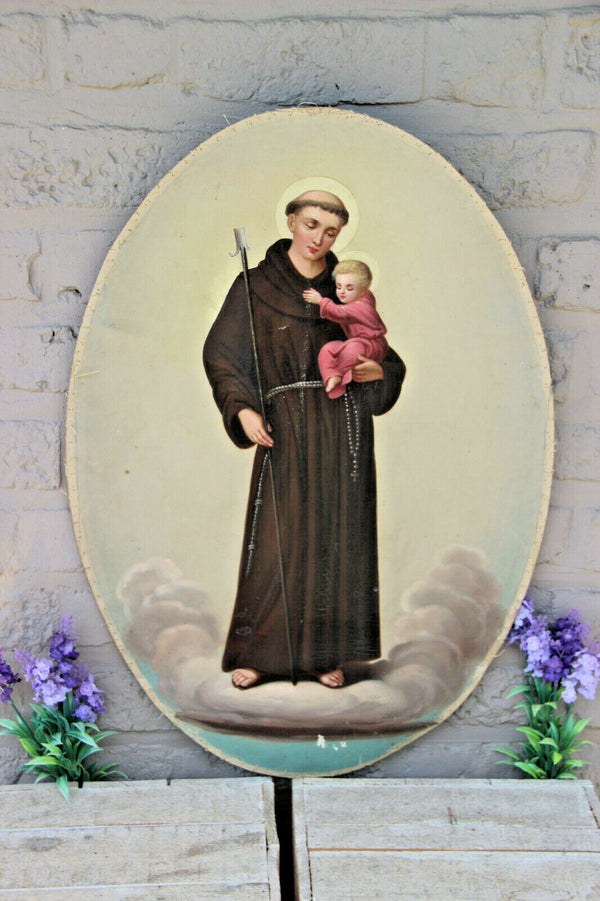 Antique Oil cardboard painting of Saint Anthony with child oval religious