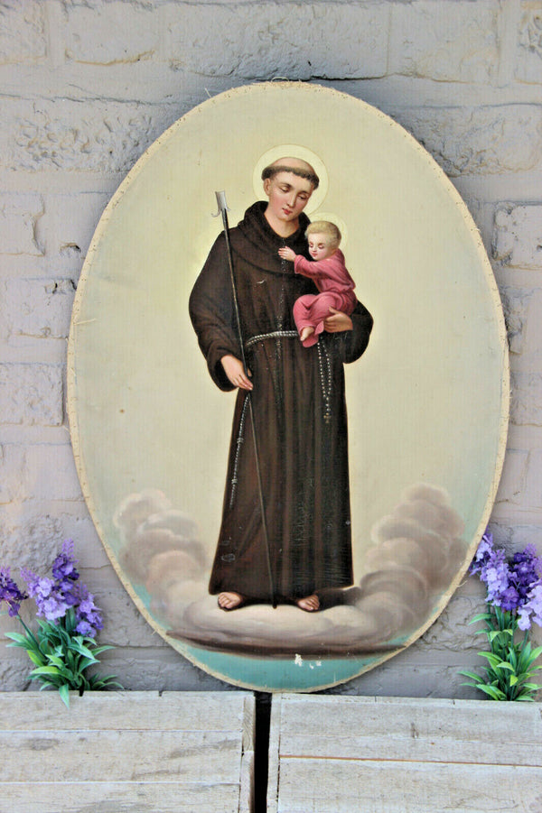 Antique Oil cardboard painting of Saint Anthony with child oval religious