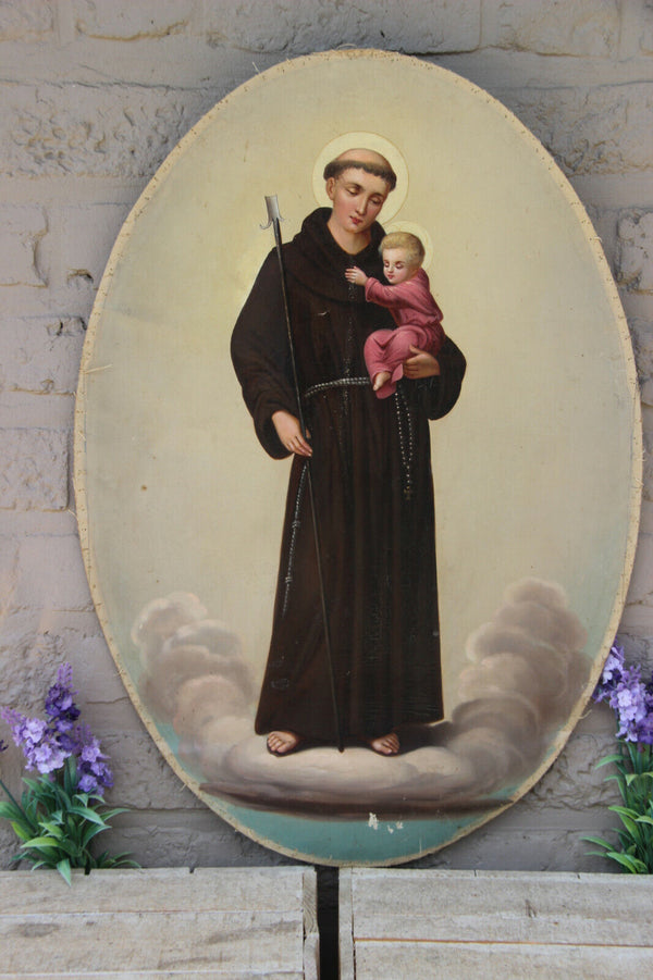 Antique Oil cardboard painting of Saint Anthony with child oval religious