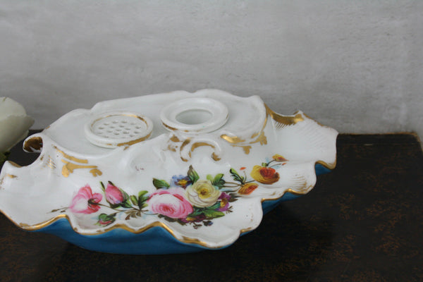 antique 19th c Vieux old paris porcelain floral inkwell