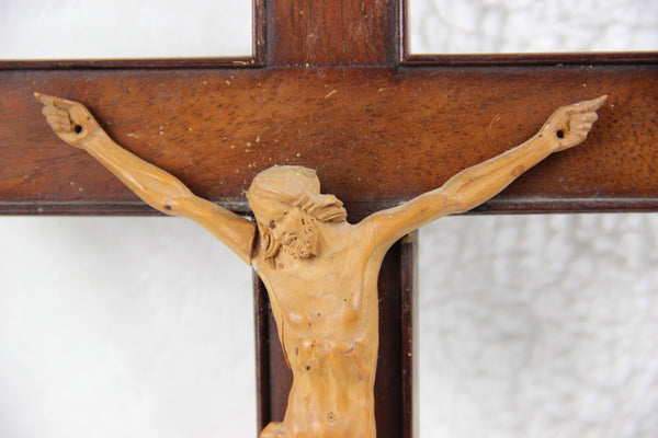 Antique French 1880 Wood carved Basswood Christ crucifix religious