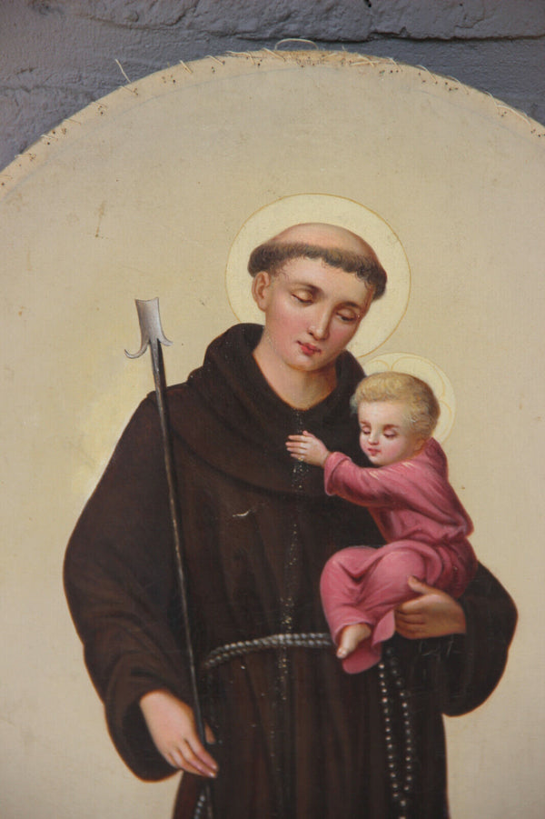 Antique Oil cardboard painting of Saint Anthony with child oval religious