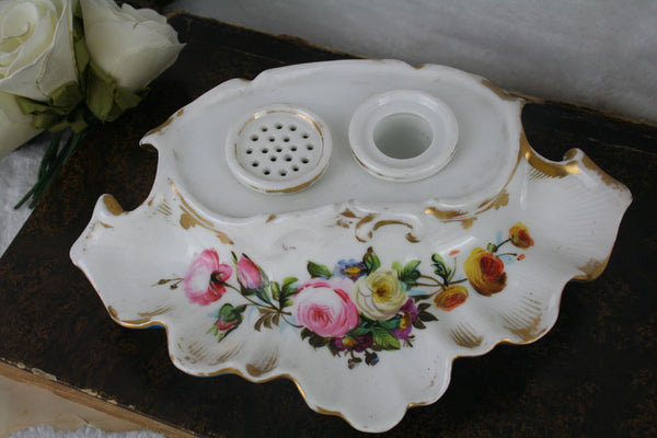 antique 19th c Vieux old paris porcelain floral inkwell