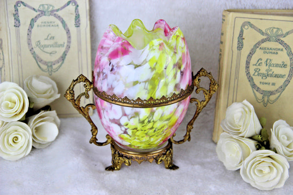 Italian Murano multi colored Centerpiece Vase in brass stand mid century 1960's