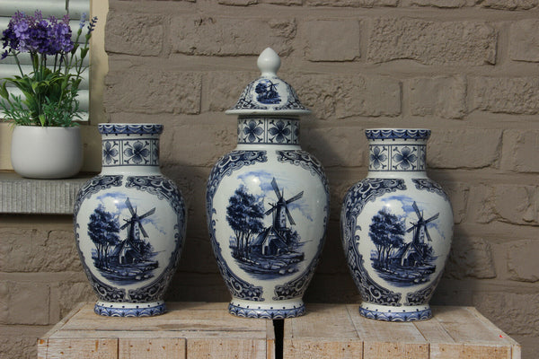 Set 3 Vintage DELFT blue white pottery Mill landscape dutch Vases mantel