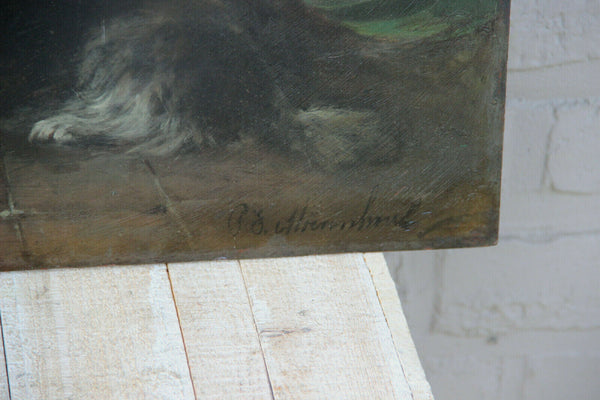 Top listed Edward Joris Moerenhout antique Oil panel dogs at rest signed 19th c