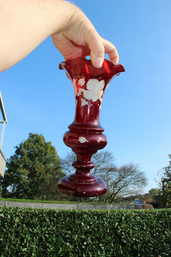 Set Czech bohemia ruby red colour etched glass Vases set floral decor 1960