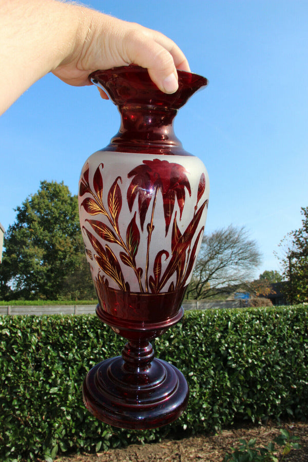 Set Czech bohemia ruby red colour etched glass Vases set floral decor 1960