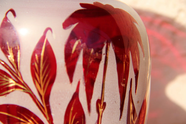 Set Czech bohemia ruby red colour etched glass Vases set floral decor 1960