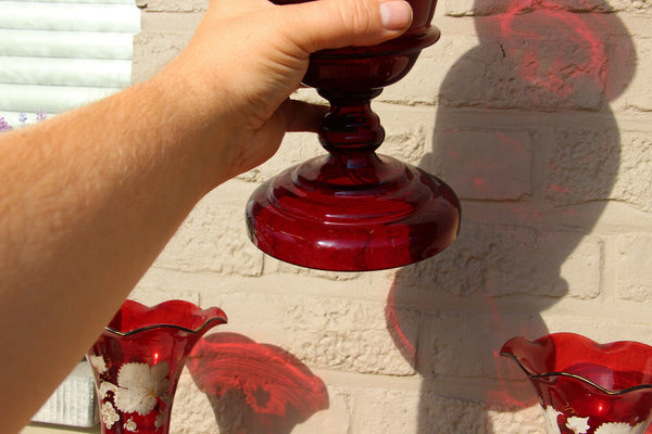 Set Czech bohemia ruby red colour etched glass Vases set floral decor 1960