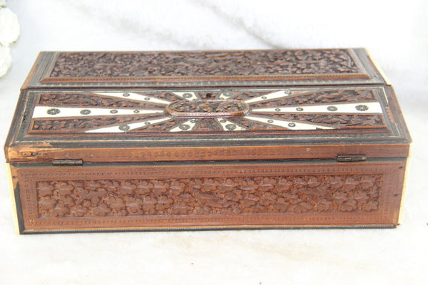 Rare Antique German hunting theme birds dogs Writing box set inlaid wood carved