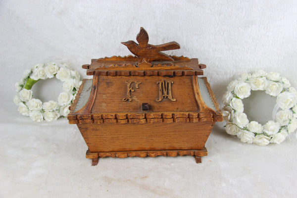 Antique French art nouveau 1900 Wood carved Wedding box Gift initials F M bird