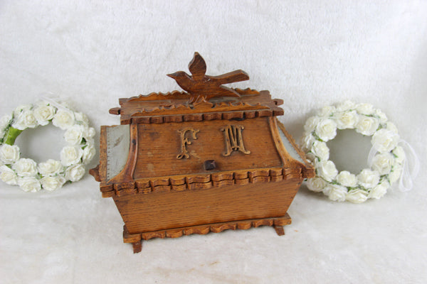 Antique French art nouveau 1900 Wood carved Wedding box Gift initials F M bird