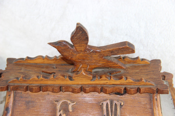 Antique French art nouveau 1900 Wood carved Wedding box Gift initials F M bird