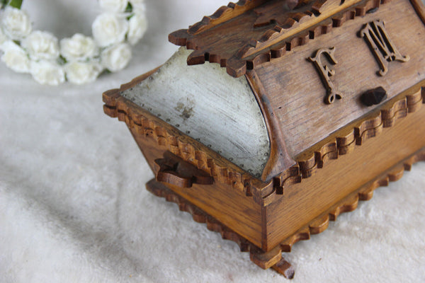 Antique French art nouveau 1900 Wood carved Wedding box Gift initials F M bird