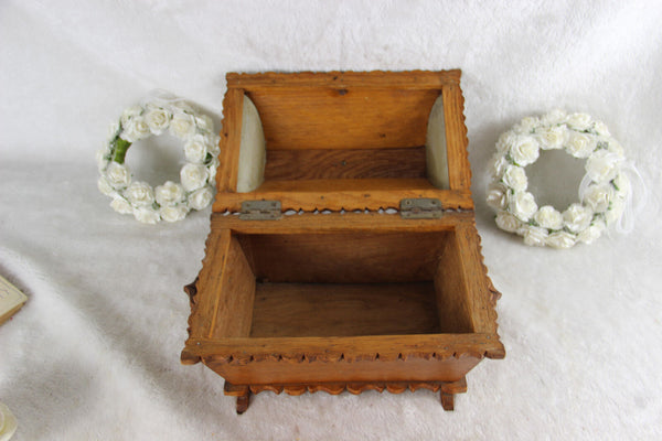 Antique French art nouveau 1900 Wood carved Wedding box Gift initials F M bird