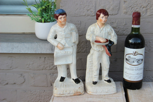 LARGE PAIR Antique victorian STAFFORDSHIRE pottery Statue boy 6am 6pm