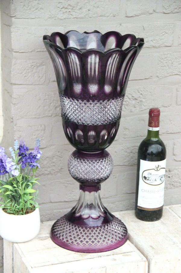 XXL Amethyst purple Bohamia 2 parts crystal glass cut vase centerpiece 1960