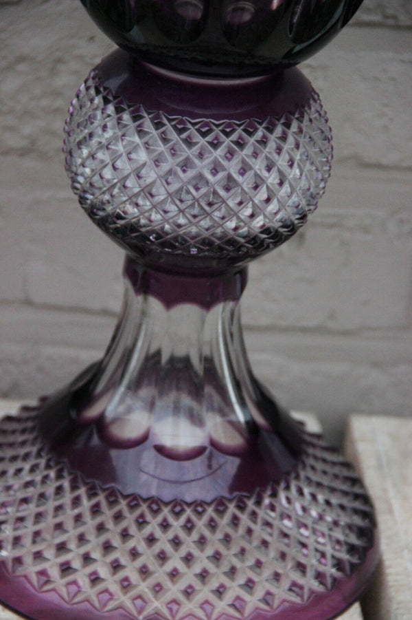 XXL Amethyst purple Bohamia 2 parts crystal glass cut vase centerpiece 1960