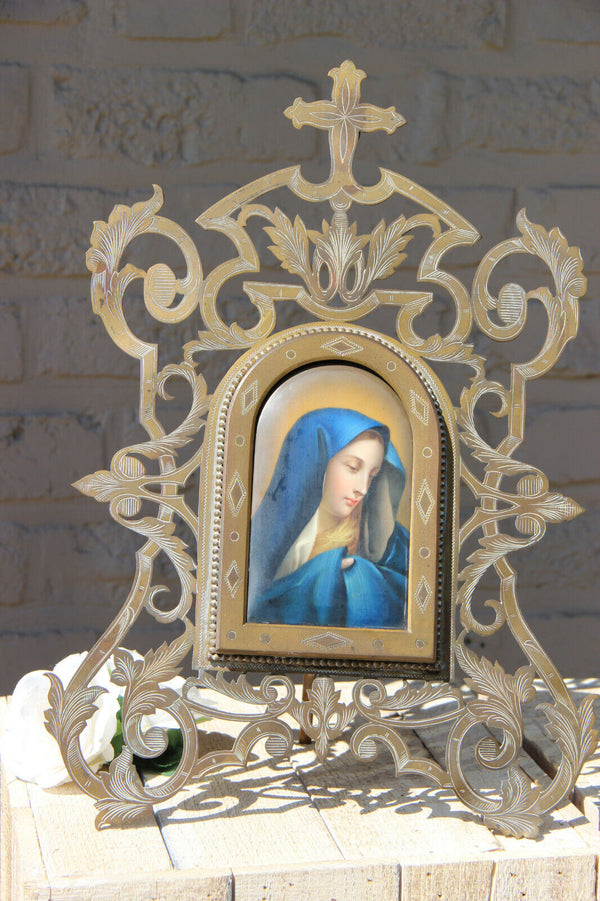 XL Religious Standing porcelain plaque madonna Frame cross